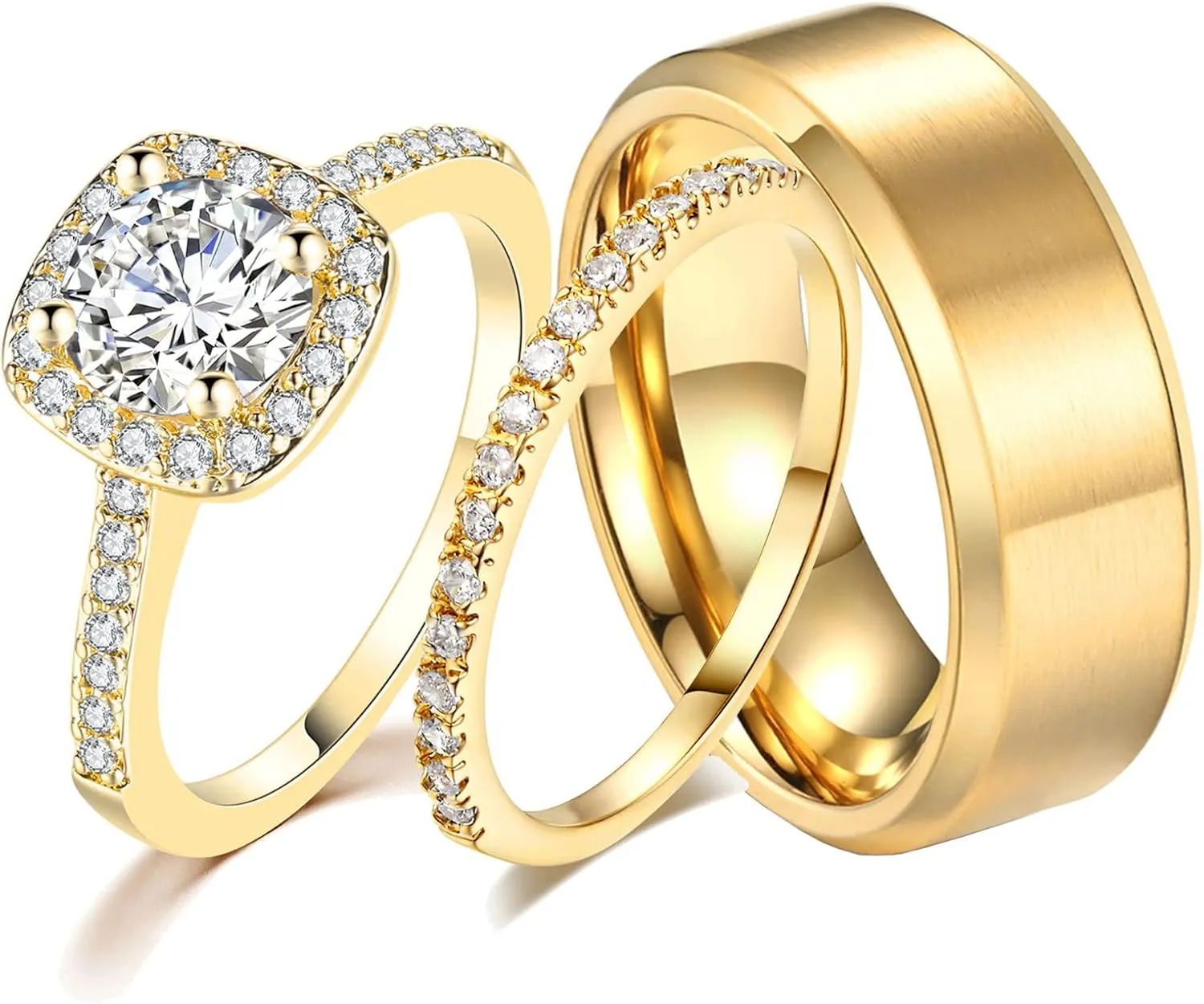 CEJUG 1.5Ct Cz Wedding Ring Sets for Him and Her Womens Mens Titanium Stainless Steel Rings Bands 18k Gold Couple Rings