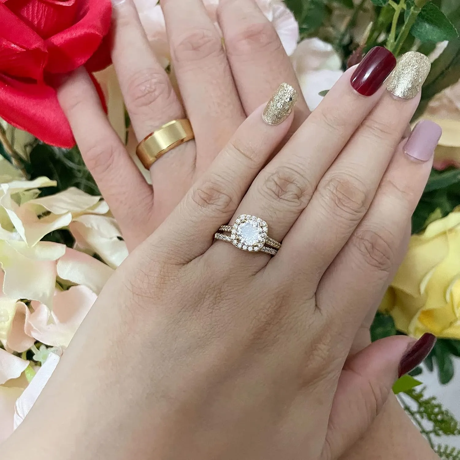 CEJUG 1.5Ct Cz Wedding Ring Sets for Him and Her Womens Mens Titanium Stainless Steel Rings Bands 18k Gold Couple Rings