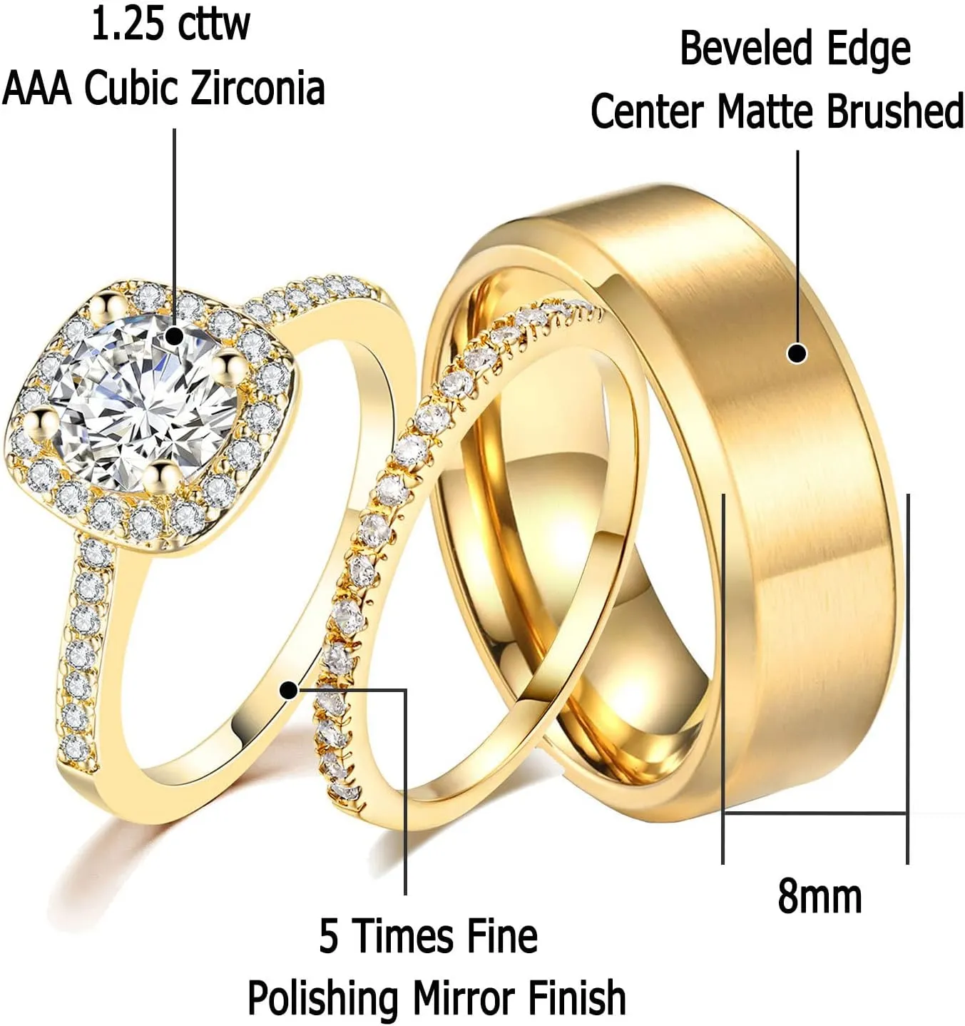 CEJUG 1.5Ct Cz Wedding Ring Sets for Him and Her Womens Mens Titanium Stainless Steel Rings Bands 18k Gold Couple Rings