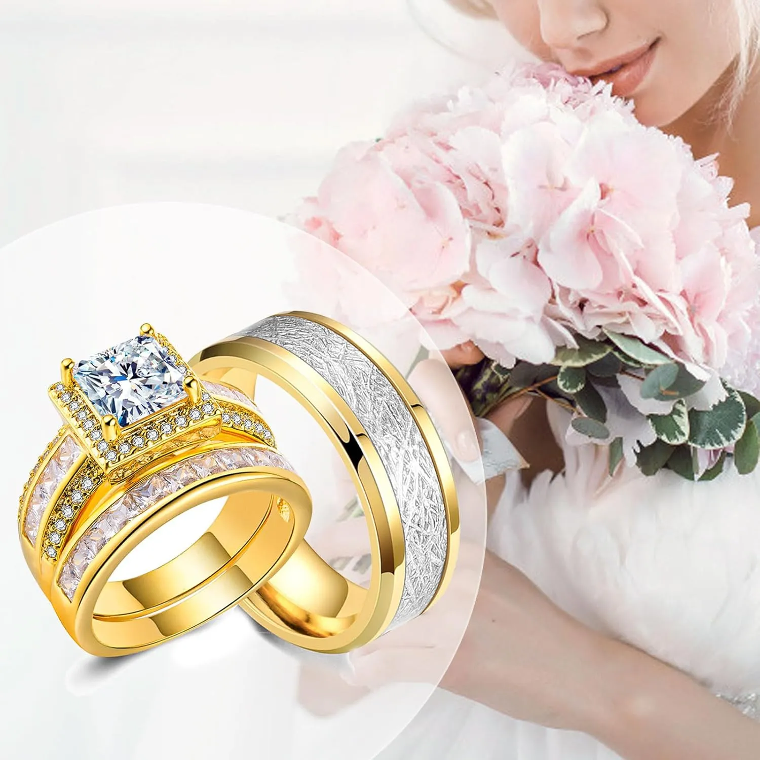 CEJUG 18K Gold Plated Wedding Bands Sets for Him and Her Wedding Rings Engagement Ring Bridal Ring Women Matching Men's CZ Titanium Band