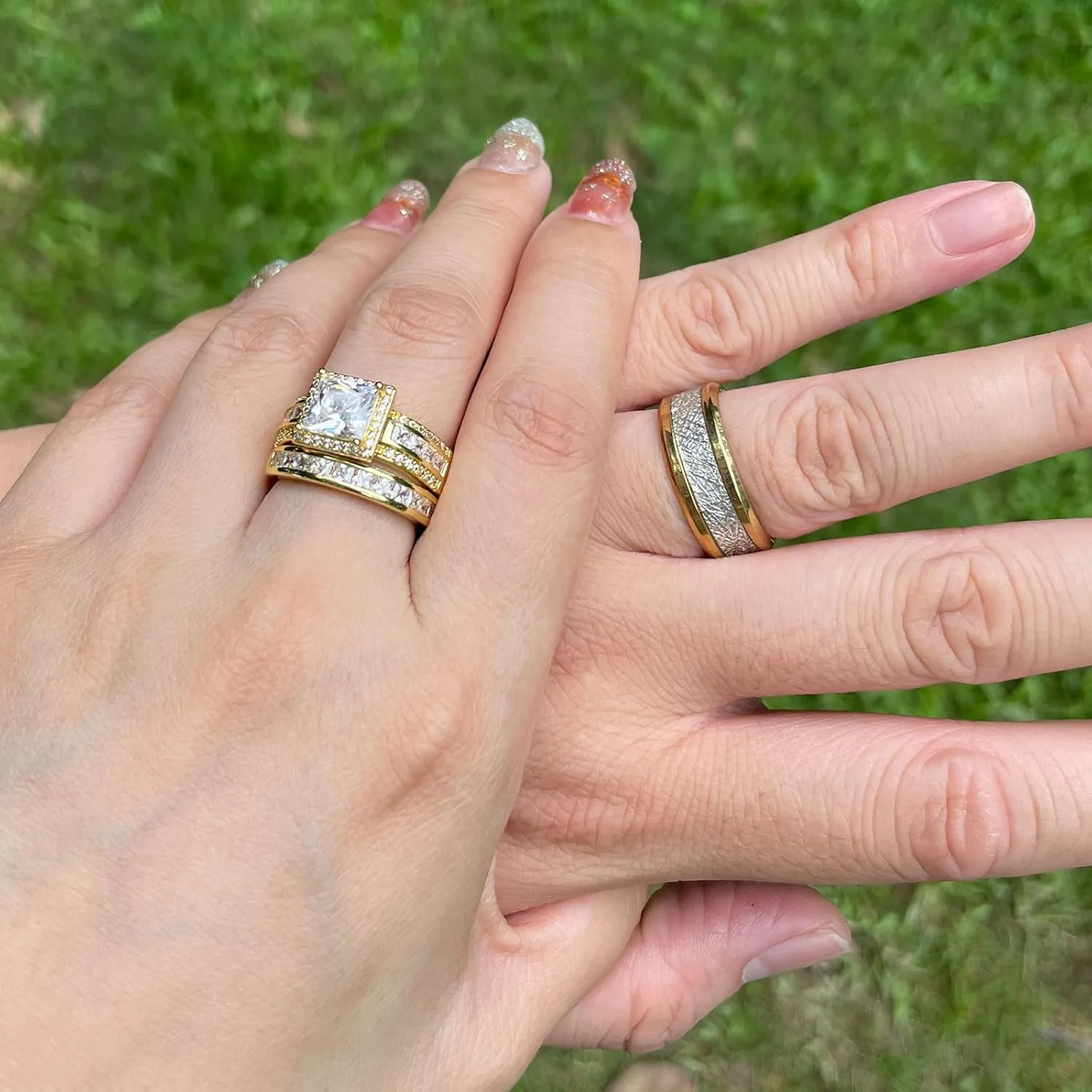 CEJUG 18K Gold Plated Wedding Bands Sets for Him and Her Wedding Rings Engagement Ring Bridal Ring Women Matching Men's CZ Titanium Band