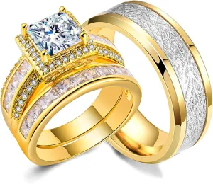 CEJUG 18K Gold Plated Wedding Bands Sets for Him and Her Wedding Rings Engagement Ring Bridal Ring Women Matching Men's CZ Titanium Band