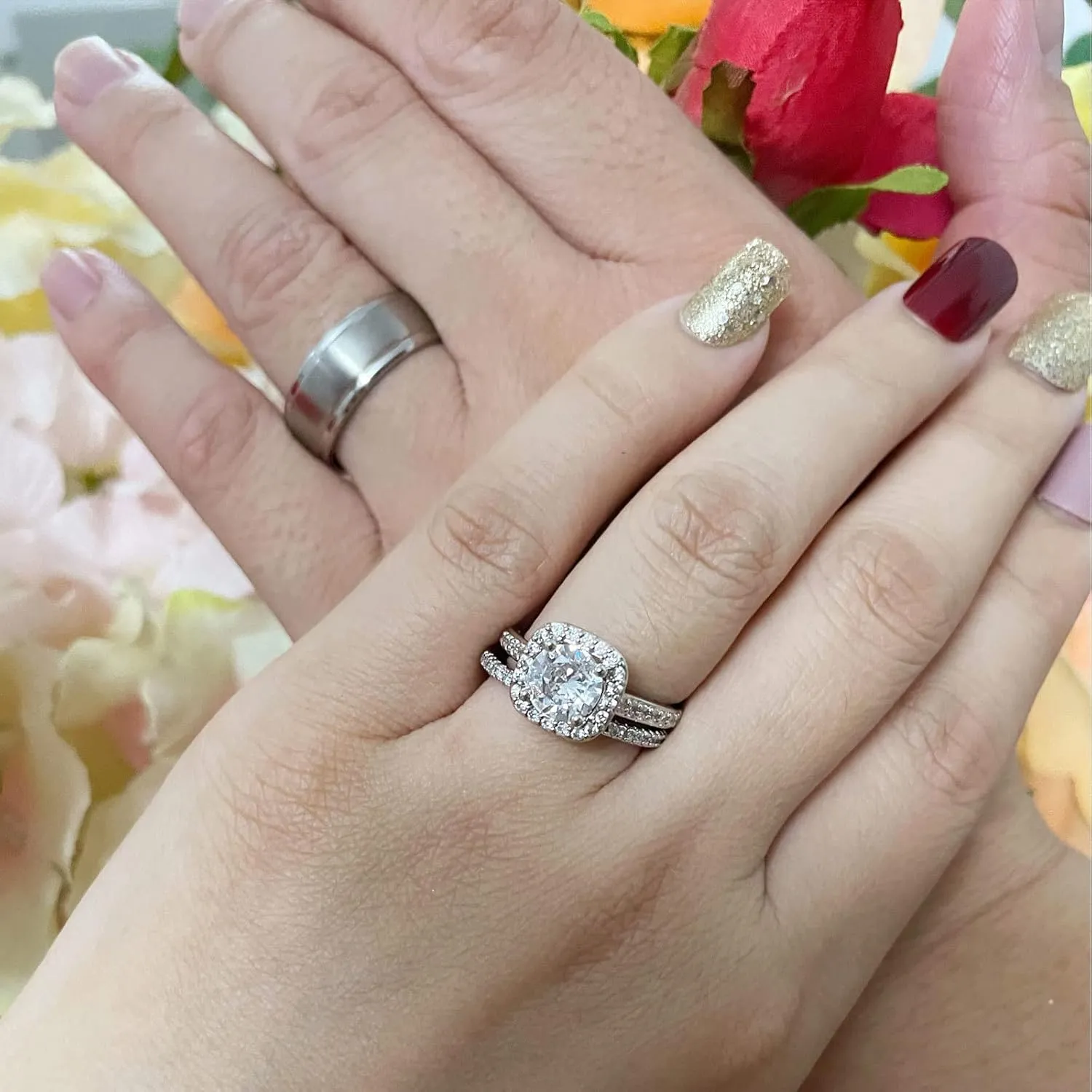 CEJUG 18k Gold Wedding Ring Sets for Him and Her Womens Mens Titanium Stainless Steel Rings Bands 1.5Ct Cz White Couple Rings