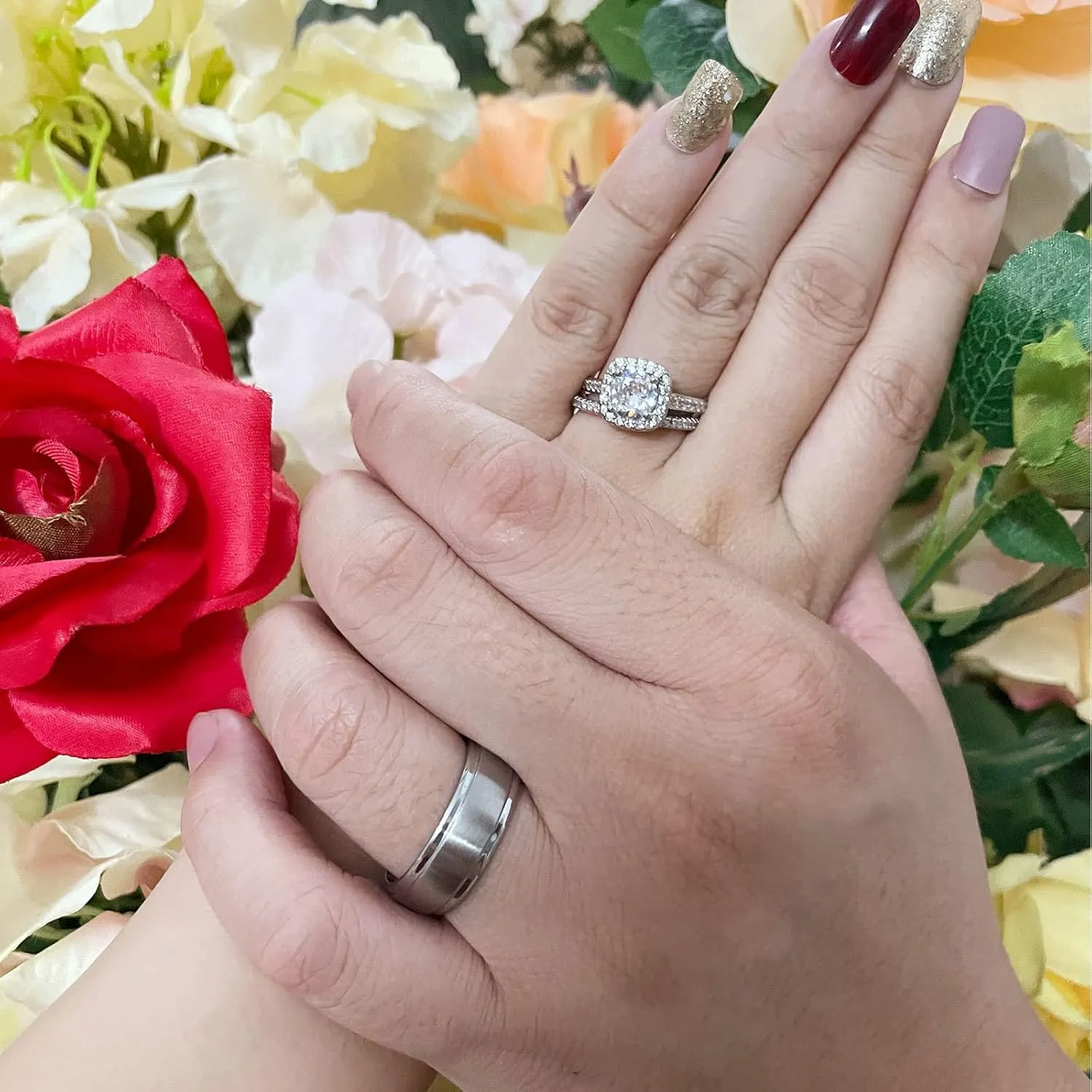 CEJUG 18k Gold Wedding Ring Sets for Him and Her Womens Mens Titanium Stainless Steel Rings Bands 1.5Ct Cz White Couple Rings