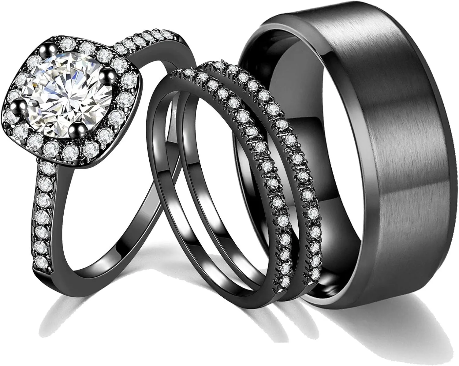 CEJUG 2Ct 18k Black Gold Wedding Ring Sets for Women and Men Hers His Titanium Bands Stainless Steel Couple Rings Cz
