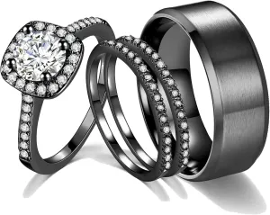 CEJUG 2Ct 18k Black Gold Wedding Ring Sets for Women and Men Hers His Titanium Bands Stainless Steel Couple Rings Cz