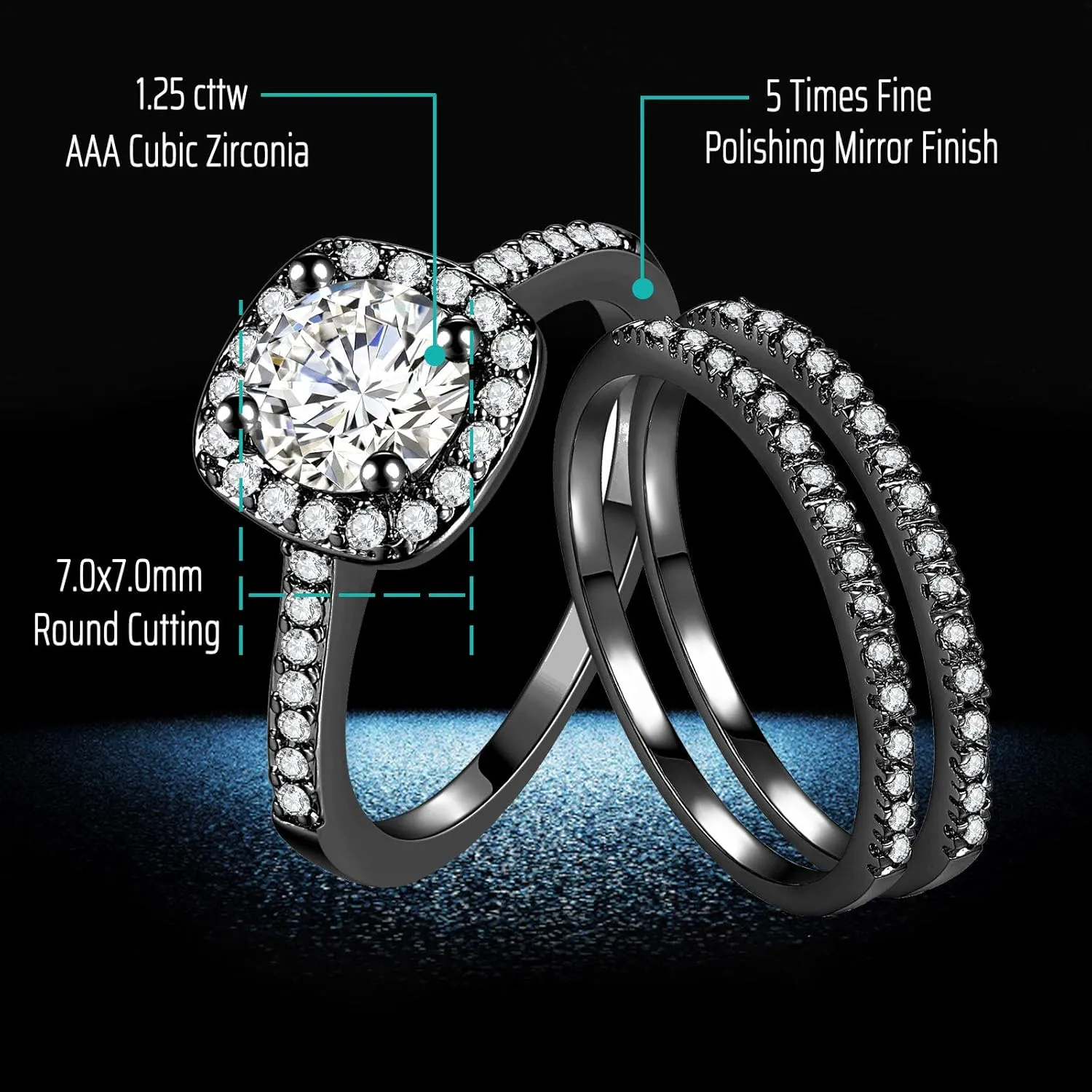 CEJUG 2Ct 18k Black Gold Wedding Ring Sets for Women and Men Hers His Titanium Bands Stainless Steel Couple Rings Cz