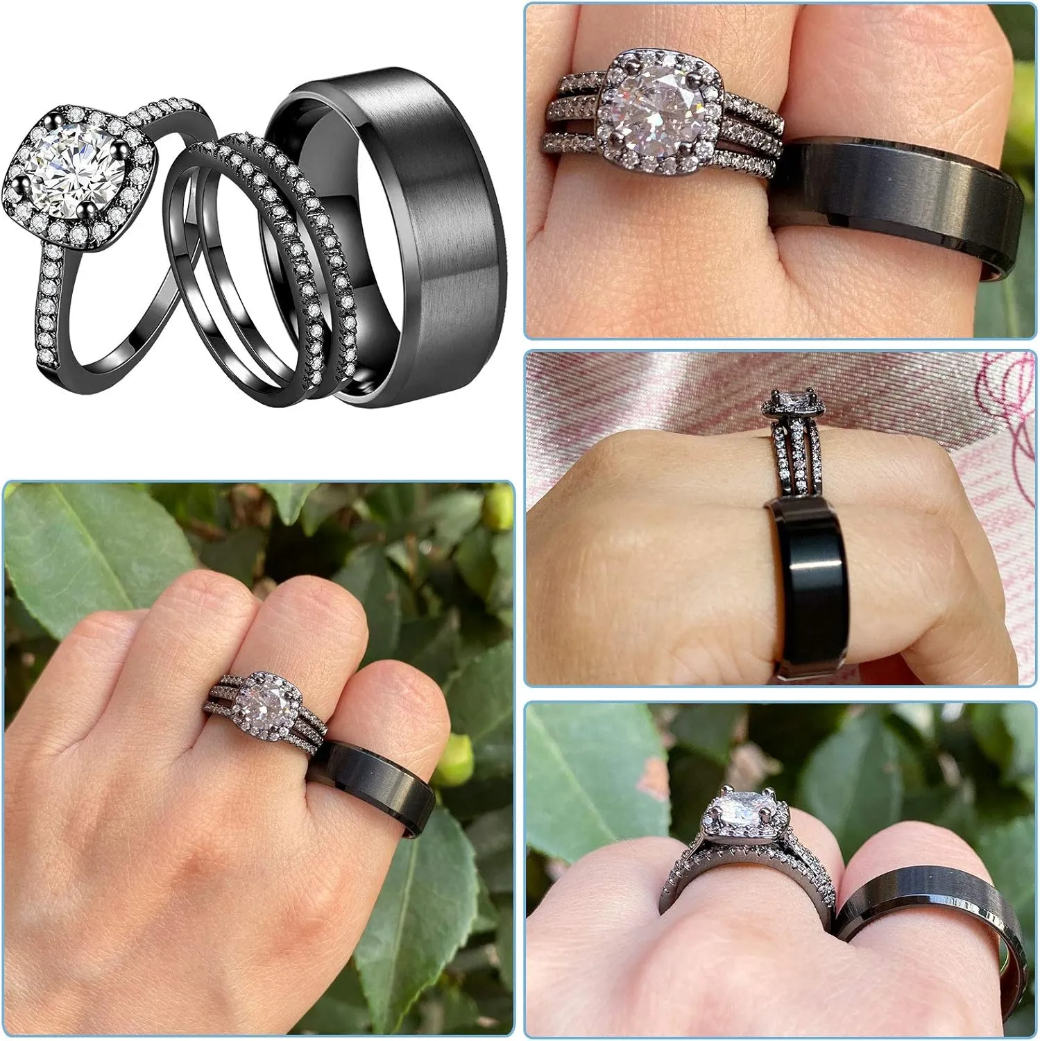 CEJUG 2Ct 18k Black Gold Wedding Ring Sets for Women and Men Hers His Titanium Bands Stainless Steel Couple Rings Cz