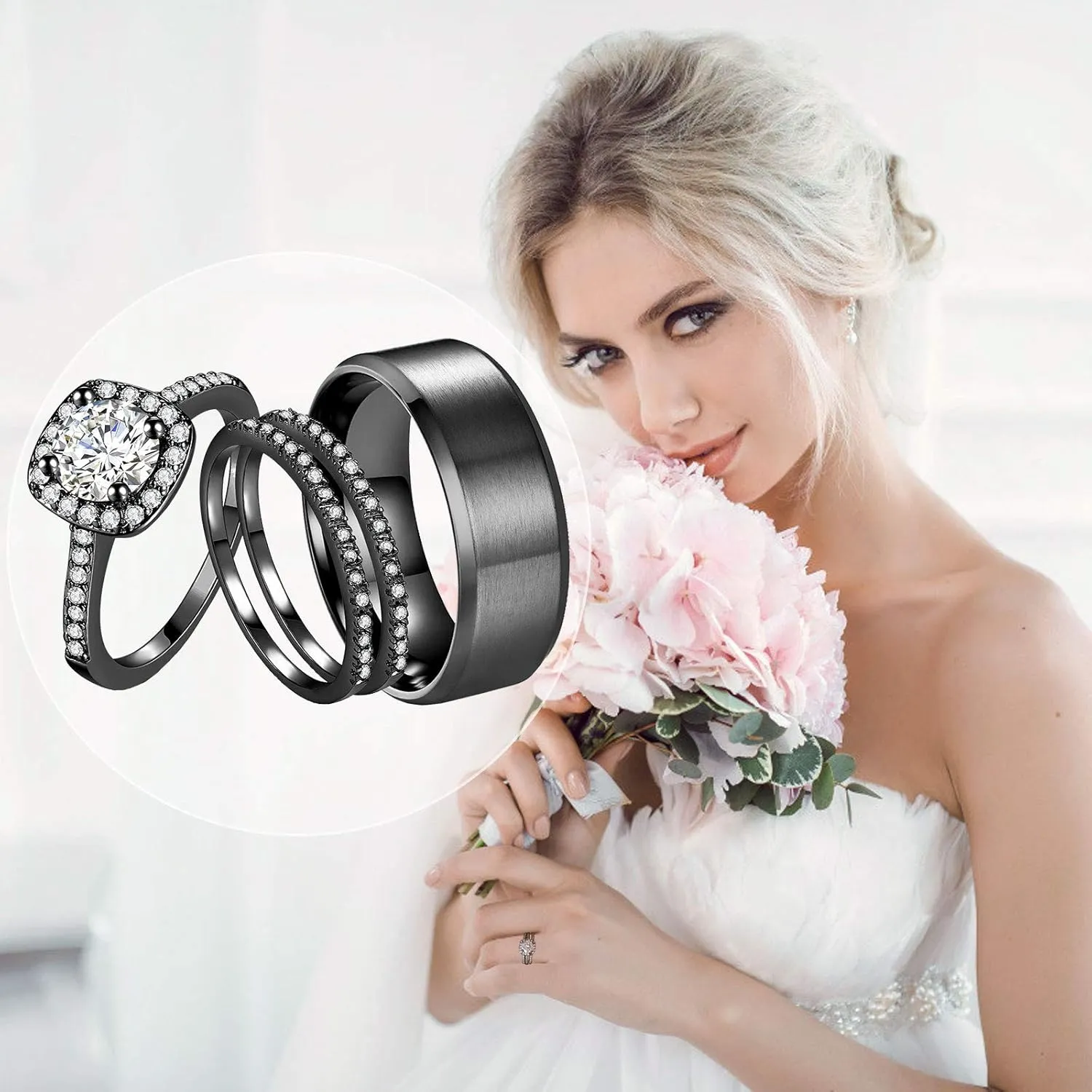 CEJUG 2Ct 18k Black Gold Wedding Ring Sets for Women and Men Hers His Titanium Bands Stainless Steel Couple Rings Cz