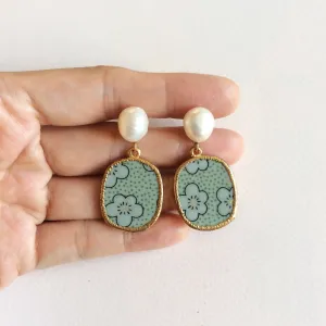 Celadon sakura porcelain with freshwater pearl studs