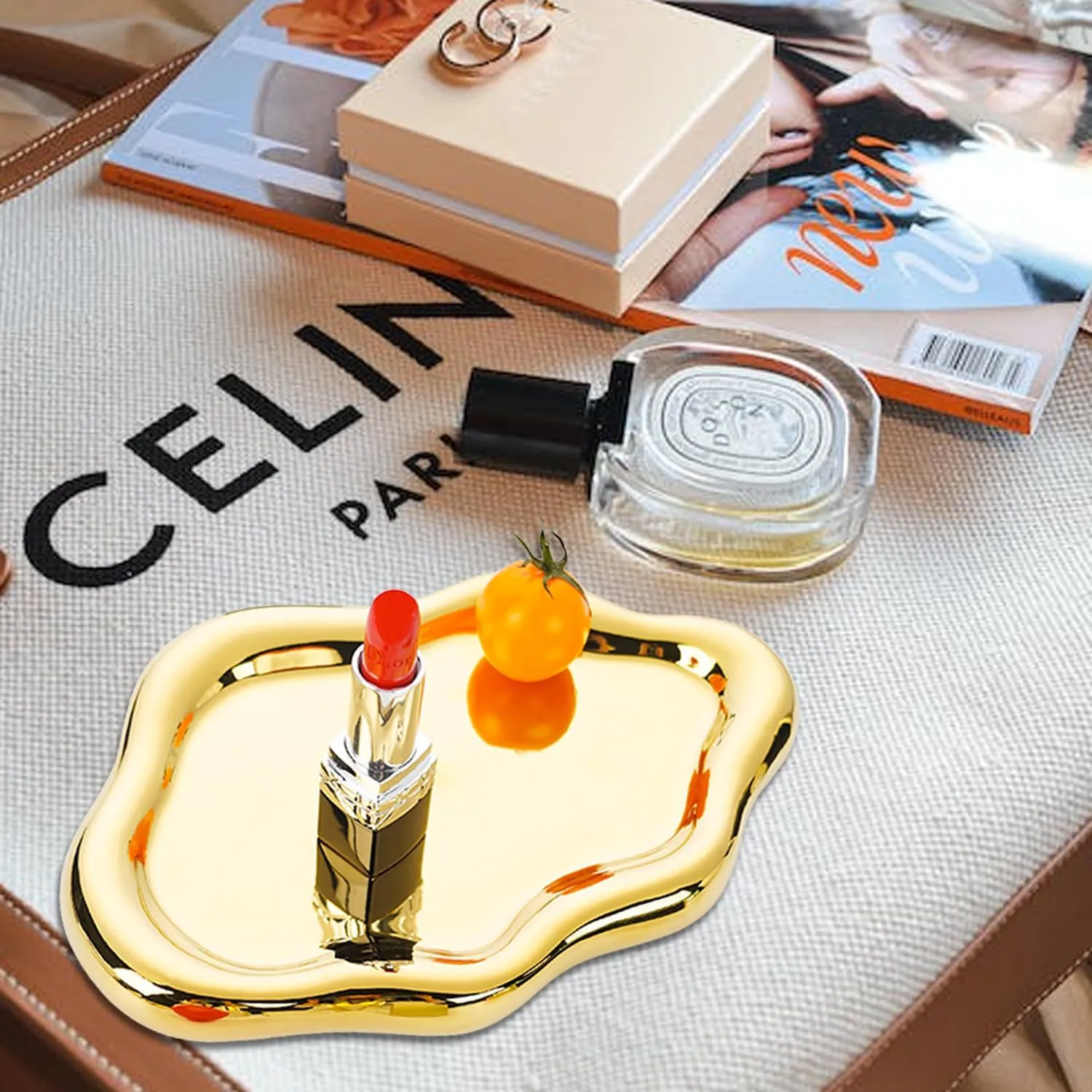 Ceramic Jewelry Dish for Women, Jewelry Tray Trinket Dish, Irregular Cloud Shape Ceramic Plate, Watch Keys Tray Ring Dish Holder for Mother's Day/Christmas/Thanksgiving/Birthday Gift(Gold)