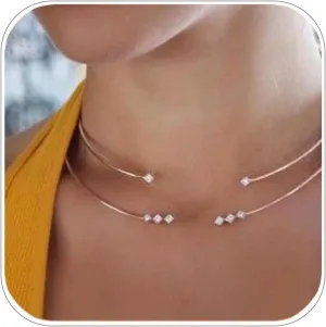 Charm Gold Open Choker Necklace for Women Sqaure Rhinestone Layered Cuff Collar Necklace Jewlery for Wedding Adjustable
