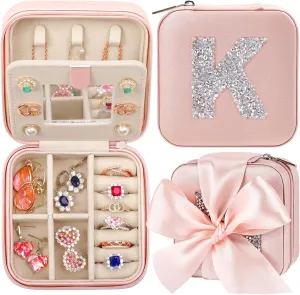 CHMI Small Jewelry Box for Girls,bridesmaids gifts,Small Jewelry Organizer Box,Necklace Organizer Earrings Organizer Ring Organizer,Travel Gifts for Women Travel Essentials Initial pink K