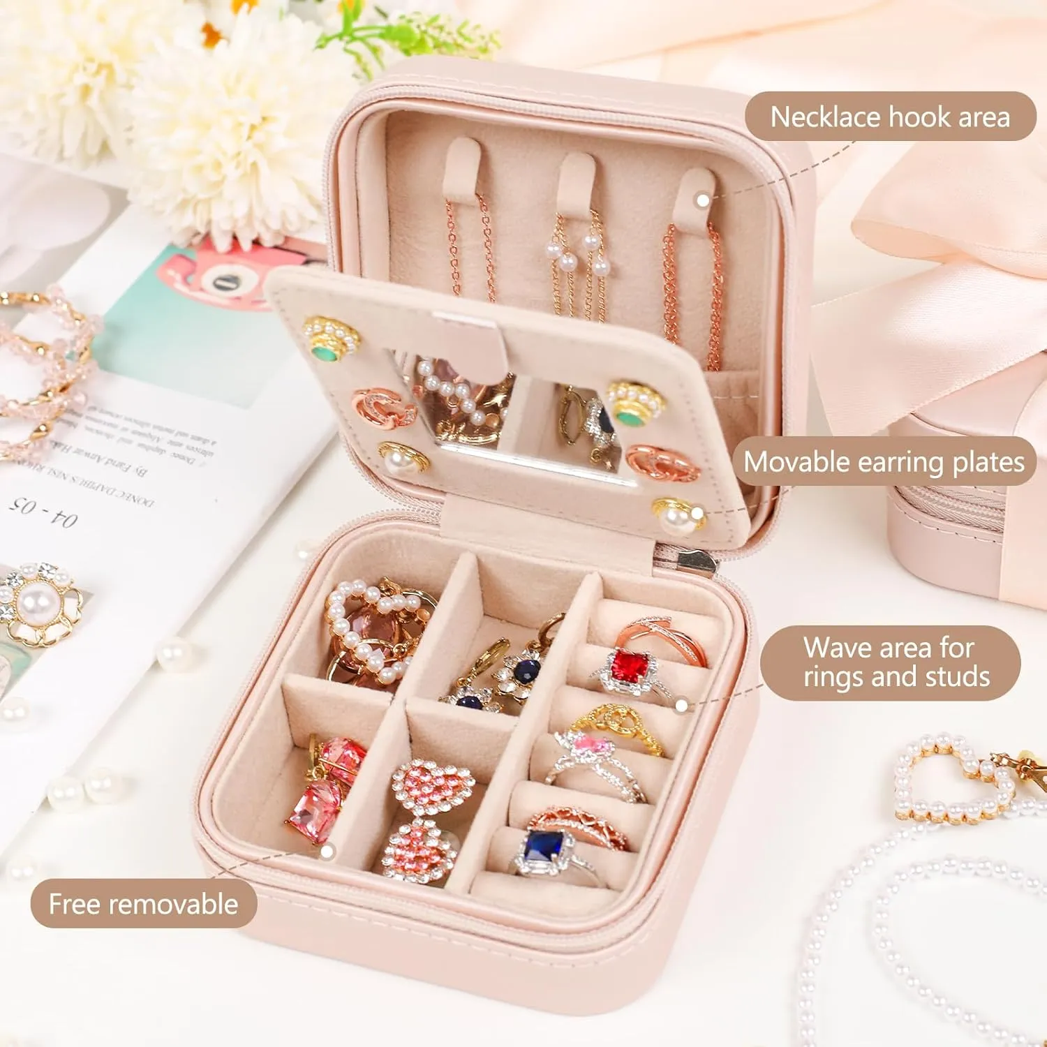 CHMI Small Jewelry Box for Girls,bridesmaids gifts,Small Jewelry Organizer Box,Necklace Organizer Earrings Organizer Ring Organizer,Travel Gifts for Women Travel Essentials Initial pink K