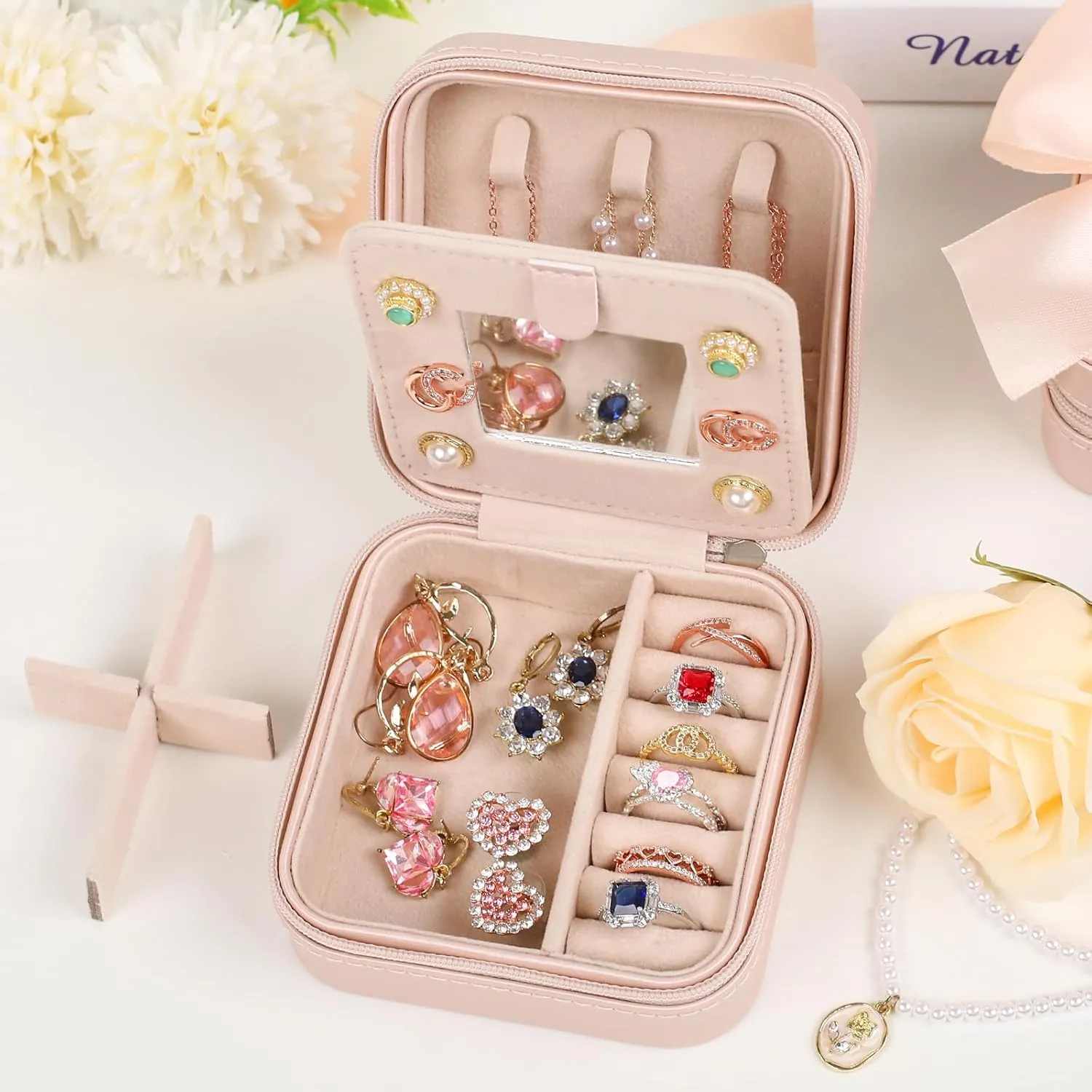 CHMI Small Jewelry Box for Girls,bridesmaids gifts,Small Jewelry Organizer Box,Necklace Organizer Earrings Organizer Ring Organizer,Travel Gifts for Women Travel Essentials Initial pink K