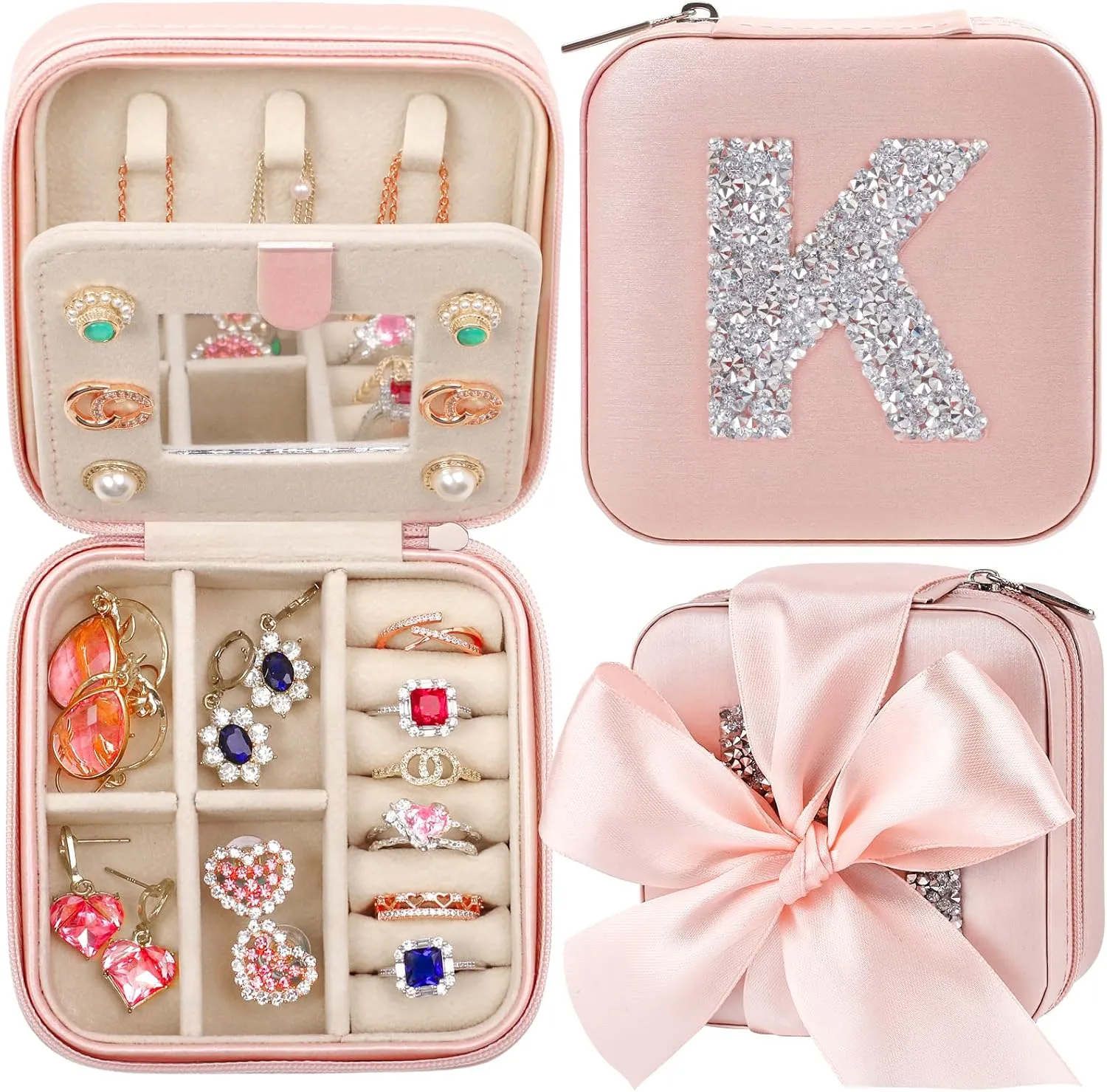CHMI Small Jewelry Box for Girls,bridesmaids gifts,Small Jewelry Organizer Box,Necklace Organizer Earrings Organizer Ring Organizer,Travel Gifts for Women Travel Essentials Initial pink K
