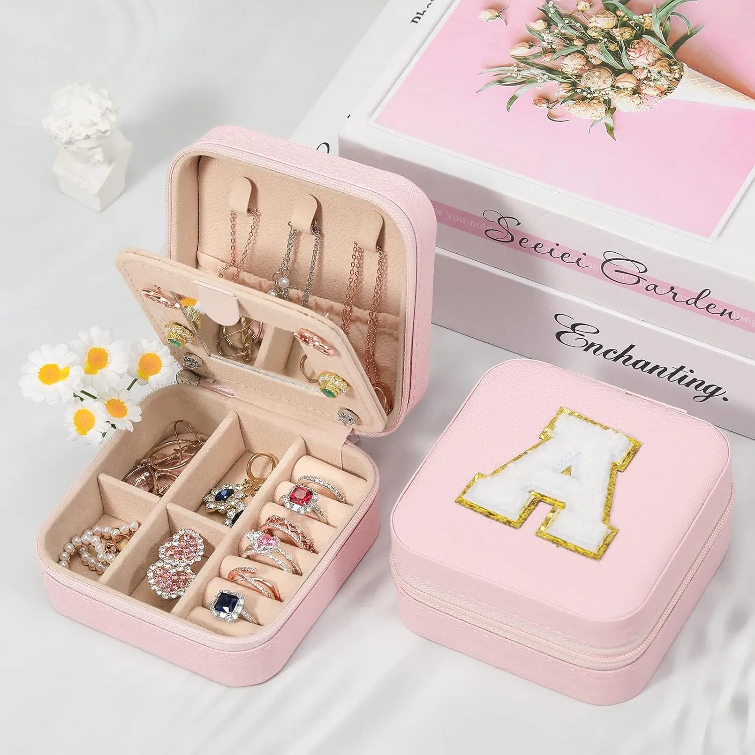 CHMI Travel Jewelry Case, Pink Travel Jewelry Box, Travel Jewelry Organizer, Travel Gifts for Women Girls, Jewelry Organizer Box, Birthday Gifts for Women, Christmas Gifts for Teens Girls - Initial S