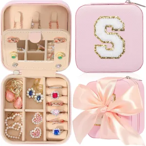 CHMI Travel Jewelry Case, Pink Travel Jewelry Box, Travel Jewelry Organizer, Travel Gifts for Women Girls, Jewelry Organizer Box, Birthday Gifts for Women, Christmas Gifts for Teens Girls - Initial S