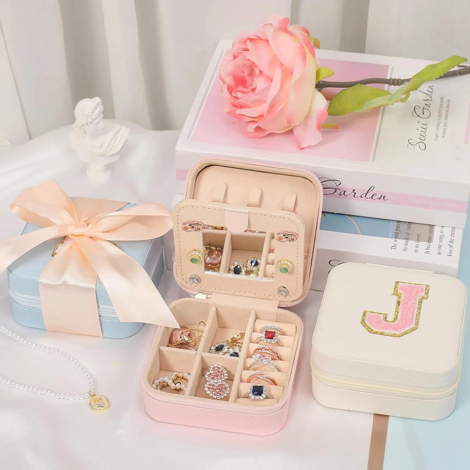 CHMI Travel Jewelry Case, White Jewelry Box, Jewelry Organizer - Travel Gifts for Women & Girls, Birthday & Christmas Gifts - Initial K