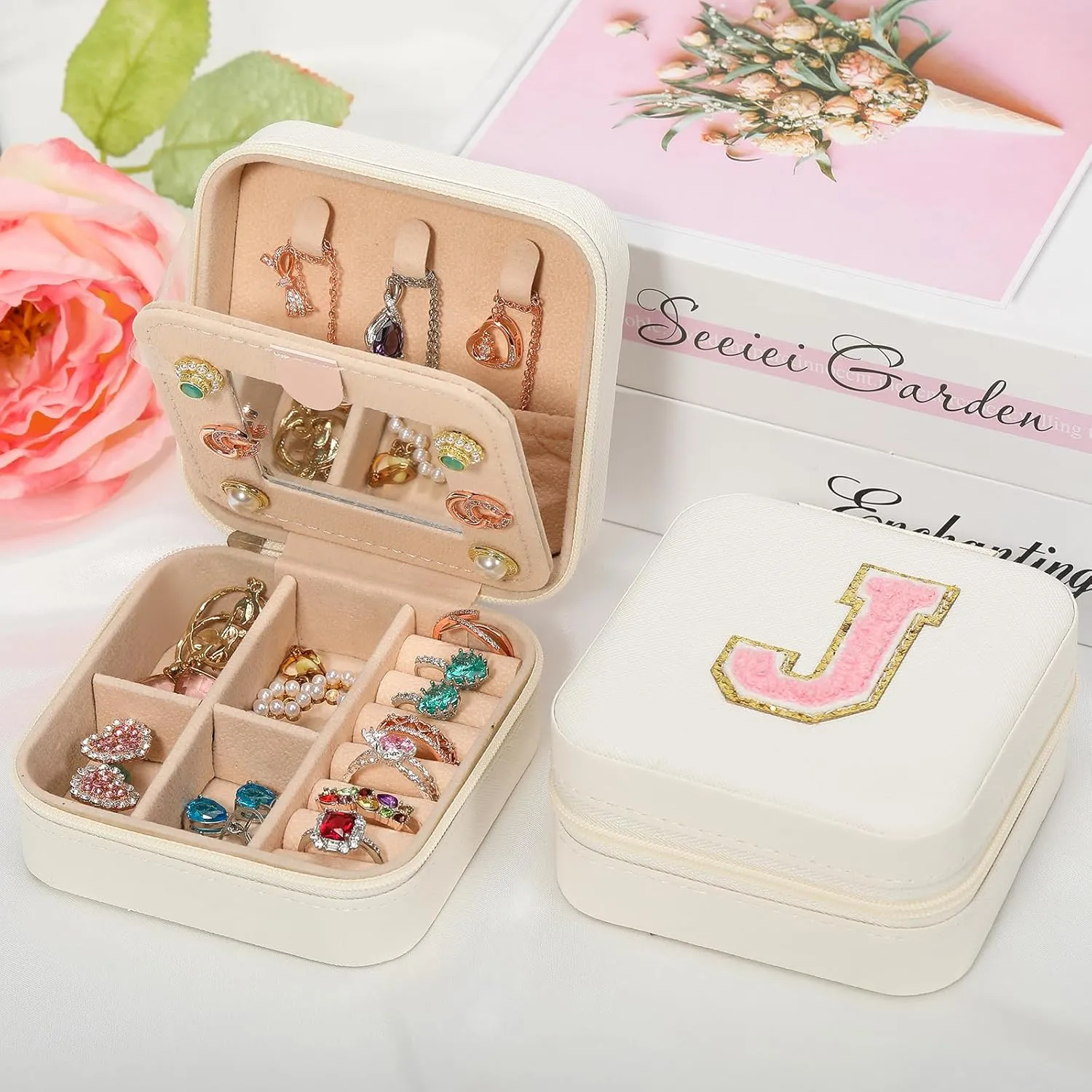CHMI Travel Jewelry Case, White Jewelry Box, Jewelry Organizer - Travel Gifts for Women & Girls, Birthday & Christmas Gifts - Initial K