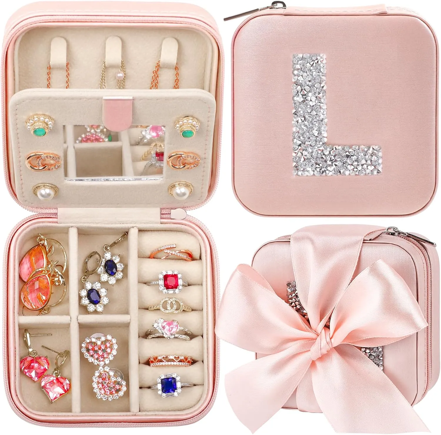 CHMI Travel Jewelry Case,bridesmaids gifts,Travel Gifts for Women,Small Jewelry Organizer Box,Small Jewelry Travel Case,Birthday Gifts for Women,Initial pink L