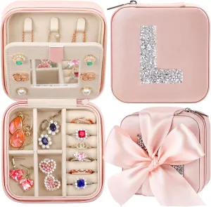 CHMI Travel Jewelry Case,bridesmaids gifts,Travel Gifts for Women,Small Jewelry Organizer Box,Small Jewelry Travel Case,Birthday Gifts for Women,Initial pink L