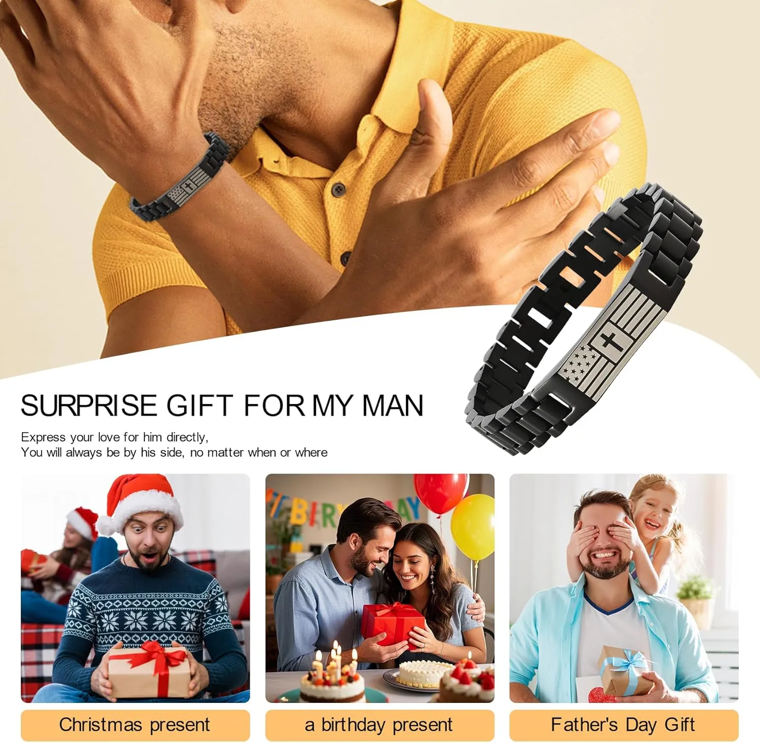 Christian Bracelet for Men Mens Bracelet with Bible Verse, Faith & Patriotic Stainless Steel Bracelets for Men, Religious Gift for Husband, Dad, Son  Adjustable
