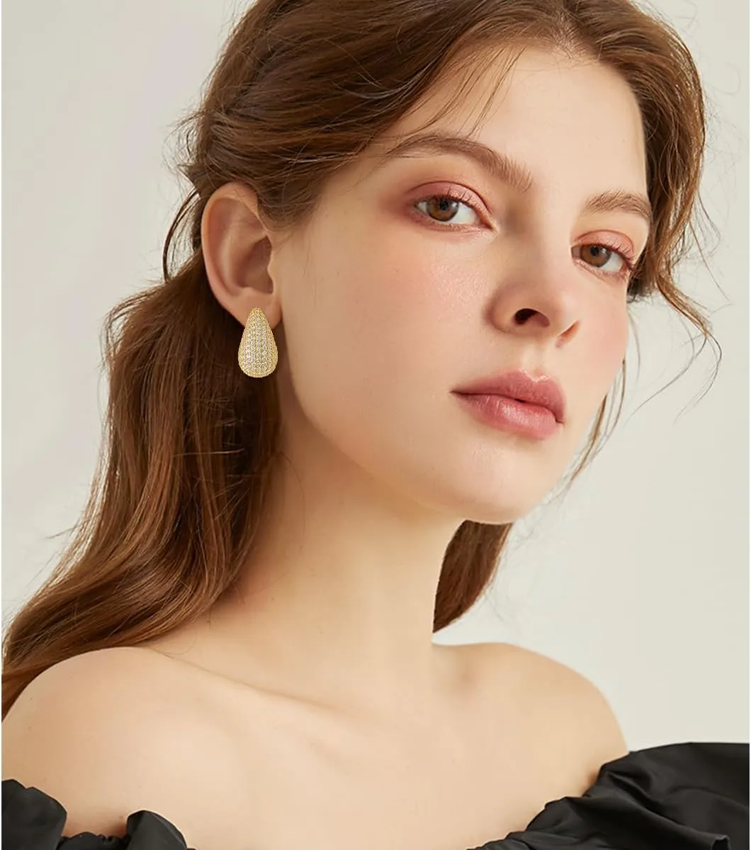 Chunky 18K Gold Plated Hoop Earring Silver Teardrop Earrings for Women Water Drop Lightweight Rhinestone Crystal Dangle Jewelry Wedding Bridal Bridesmaids Valentine's Gift for Woman Lover Mom