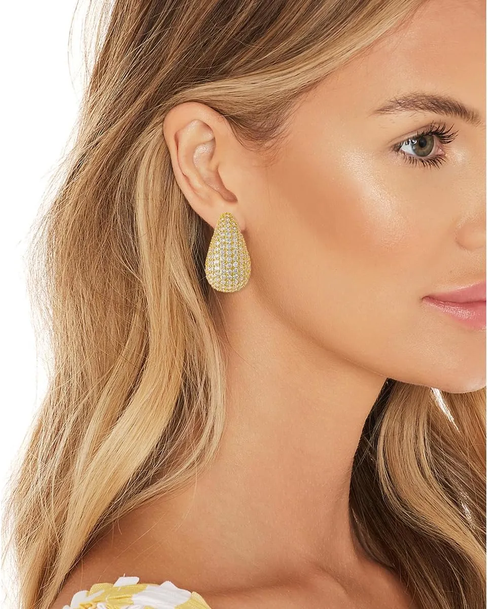 Chunky 18K Gold Plated Hoop Earring Silver Teardrop Earrings for Women Water Drop Lightweight Rhinestone Crystal Dangle Jewelry Wedding Bridal Bridesmaids Valentine's Gift for Woman Lover Mom