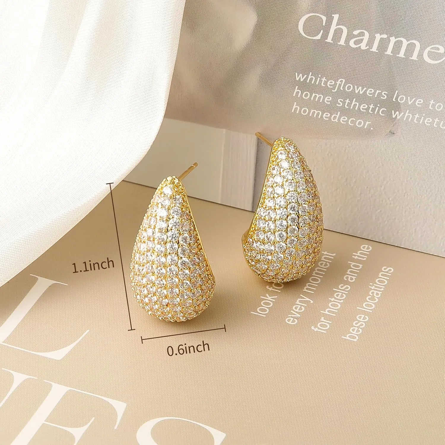 Chunky 18K Gold Plated Hoop Earring Silver Teardrop Earrings for Women Water Drop Lightweight Rhinestone Crystal Dangle Jewelry Wedding Bridal Bridesmaids Valentine's Gift for Woman Lover Mom