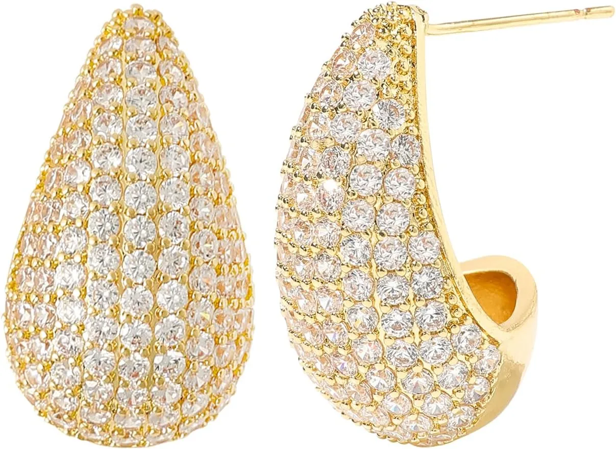 Chunky 18K Gold Plated Hoop Earring Silver Teardrop Earrings for Women Water Drop Lightweight Rhinestone Crystal Dangle Jewelry Wedding Bridal Bridesmaids Valentine's Gift for Woman Lover Mom