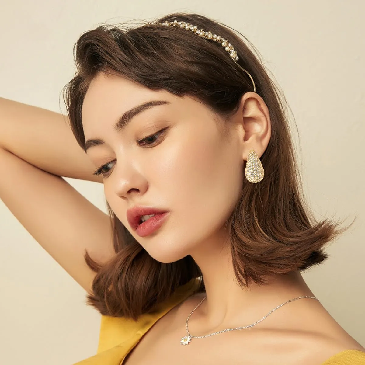 Chunky 18K Gold Plated Hoop Earring Silver Teardrop Earrings for Women Water Drop Lightweight Rhinestone Crystal Dangle Jewelry Wedding Bridal Bridesmaids Valentine's Gift for Woman Lover Mom