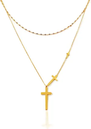 Chunky Cross Necklace for Women  14K Gold Plated, Layered Faith Jewelry, Non-Tarnish Waterproof Double Chain, Hypoallergenic & Adjustable, Modern Christian Pendant 2025 Trendy