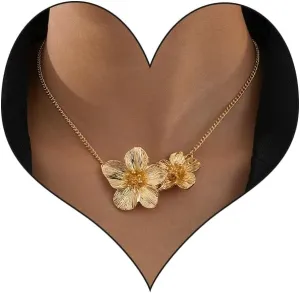 Chunky Gold Flower Necklace for Women,Trendy Gold Layered Floral Pendant Chain Choker Fashion Statement Wedding Bridesmaid Dating Party Costume Necklace Jewelry