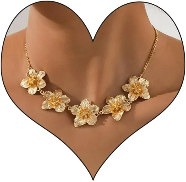 Chunky Gold Flower Necklace for Women,Trendy Gold Layered Floral Pendant Chain Choker Fashion Statement Wedding Bridesmaid Dating Party Costume Necklace Jewelry