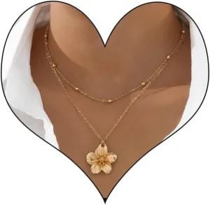 Chunky Gold Flower Necklace for Women,Trendy Gold Layered Floral Pendant Chain Choker Fashion Statement Wedding Bridesmaid Dating Party Costume Necklace Jewelry