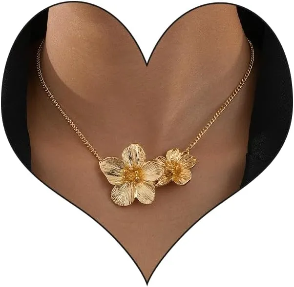 Chunky Gold Flower Necklace for Women,Trendy Gold Layered Floral Pendant Chain Choker Fashion Statement Wedding Bridesmaid Dating Party Costume Necklace Jewelry
