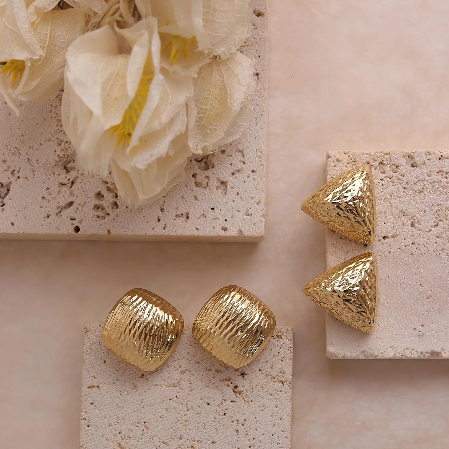 Chunky Gold Geometric Stud Earrings Women, Trendy Statement Textured Sparkly Lightweight Hypoallergenic Earing Prom Fashion Jewelry Gift.