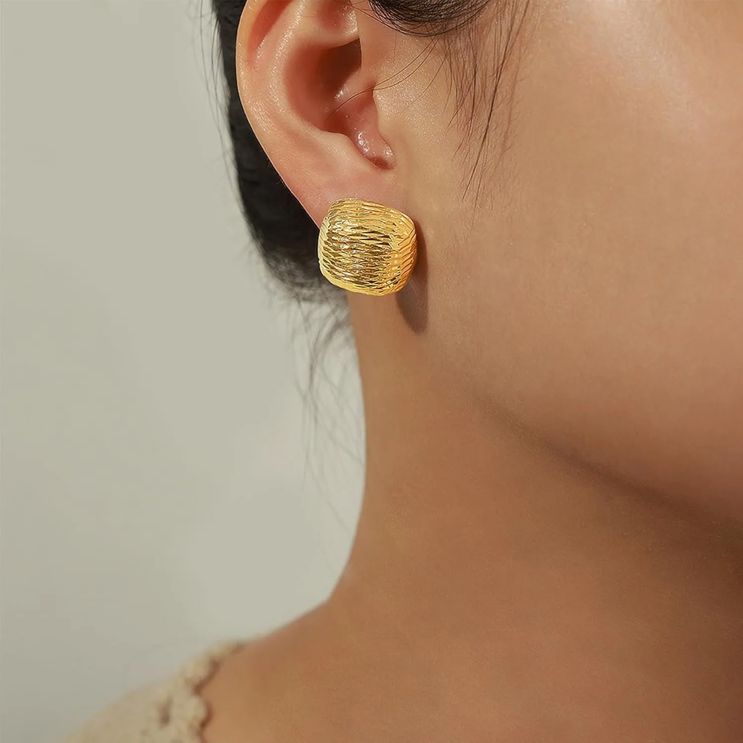 Chunky Gold Geometric Stud Earrings Women, Trendy Statement Textured Sparkly Lightweight Hypoallergenic Earing Prom Fashion Jewelry Gift.