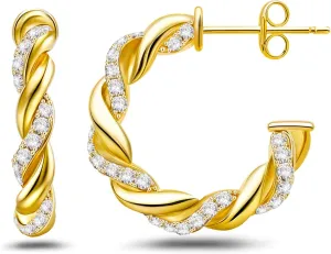 Chunky Hoop Earrings for Women Sterling Silver Plated 14k Gold CZ Twisted Rope Round Half Hoop Earrings Open Thick Huggie Simple Hypoallergenic Jewelry Birthday Gifts for Her