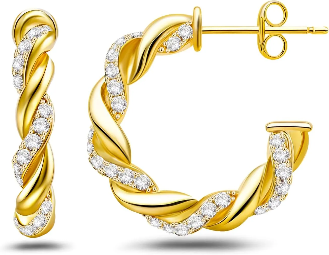 Chunky Hoop Earrings for Women Sterling Silver Plated 14k Gold CZ Twisted Rope Round Half Hoop Earrings Open Thick Huggie Simple Hypoallergenic Jewelry Birthday Gifts for Her