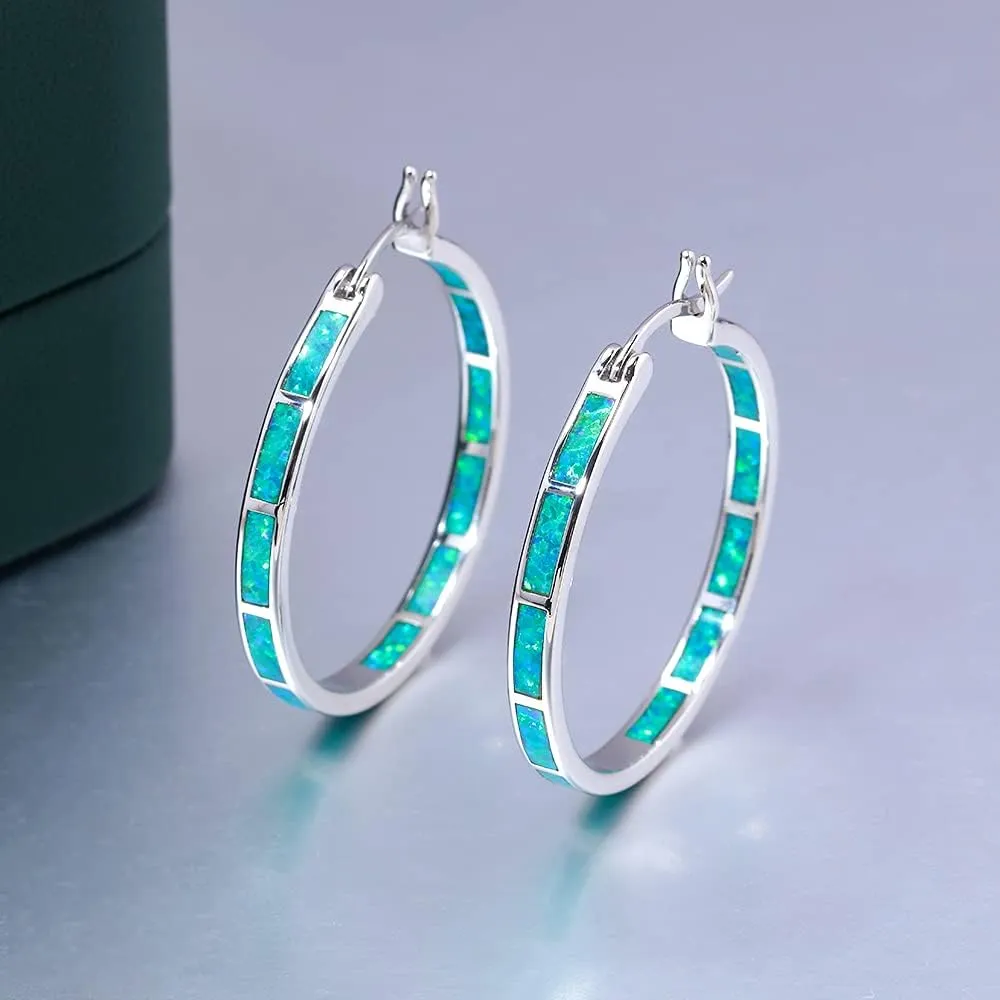 CiNily Opal Hoop Earrings,Women Jewelry Rhodium Plated/Rose Gold or Yellow Gold Plated Gemstone Big Hoop Earrings 32mm