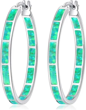 CiNily Opal Hoop Earrings,Women Jewelry Rhodium Plated/Rose Gold or Yellow Gold Plated Gemstone Big Hoop Earrings 32mm