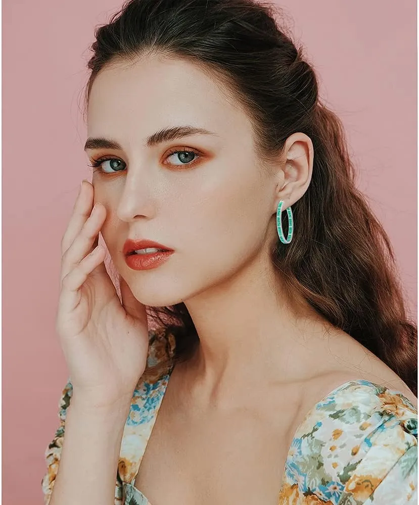 CiNily Opal Hoop Earrings,Women Jewelry Rhodium Plated/Rose Gold or Yellow Gold Plated Gemstone Big Hoop Earrings 32mm