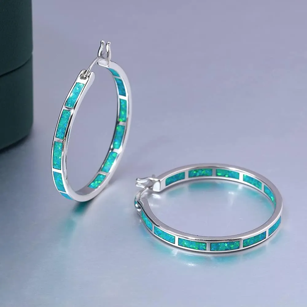 CiNily Opal Hoop Earrings,Women Jewelry Rhodium Plated/Rose Gold or Yellow Gold Plated Gemstone Big Hoop Earrings 32mm