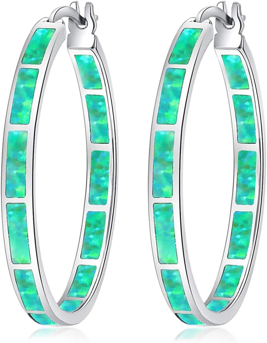 CiNily Opal Hoop Earrings,Women Jewelry Rhodium Plated/Rose Gold or Yellow Gold Plated Gemstone Big Hoop Earrings 32mm