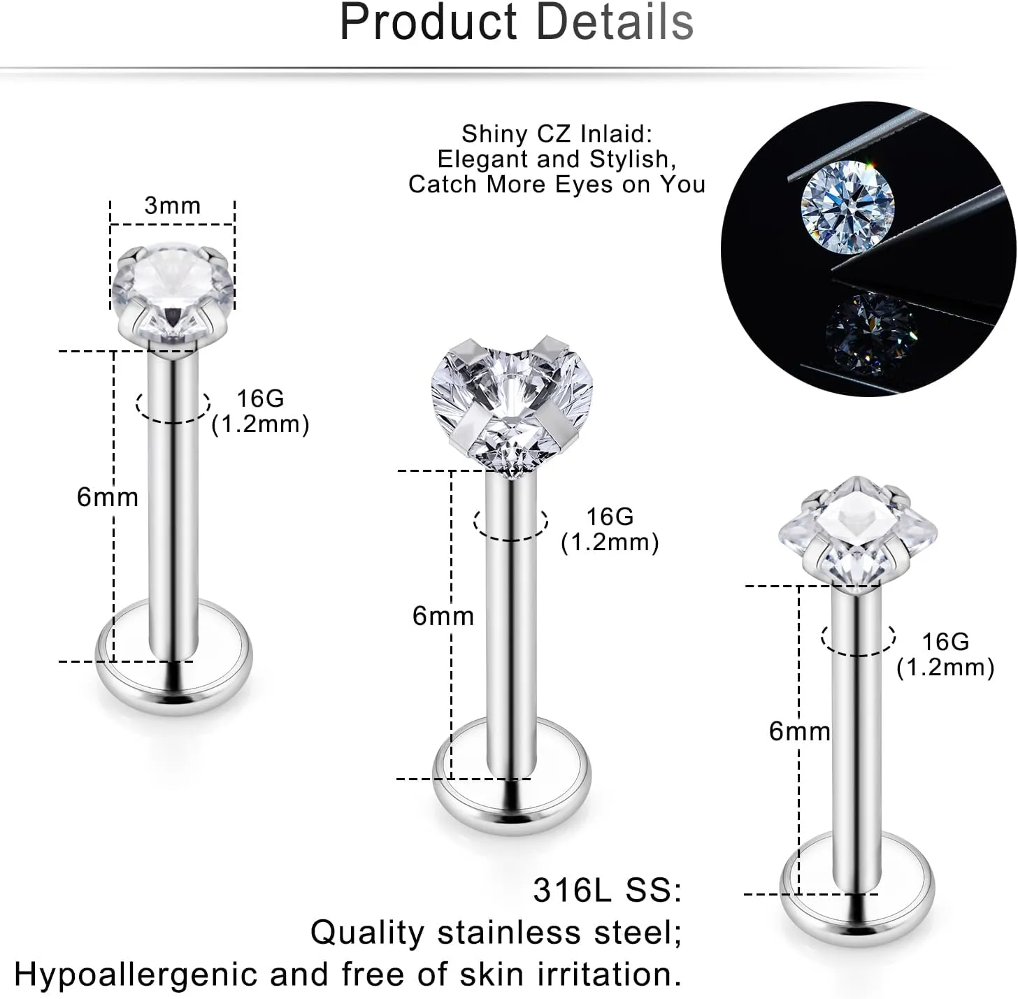 Cisyozi 20G 18G 16G Threadless Push in Nose Rings Studs With Fat Back 316L Surgical Steel Lip Labret Medusa Rings Studs Cartilage Tragus Helix Ear Earring Body Jewelry Piercing for Women Men 7mm Bars
