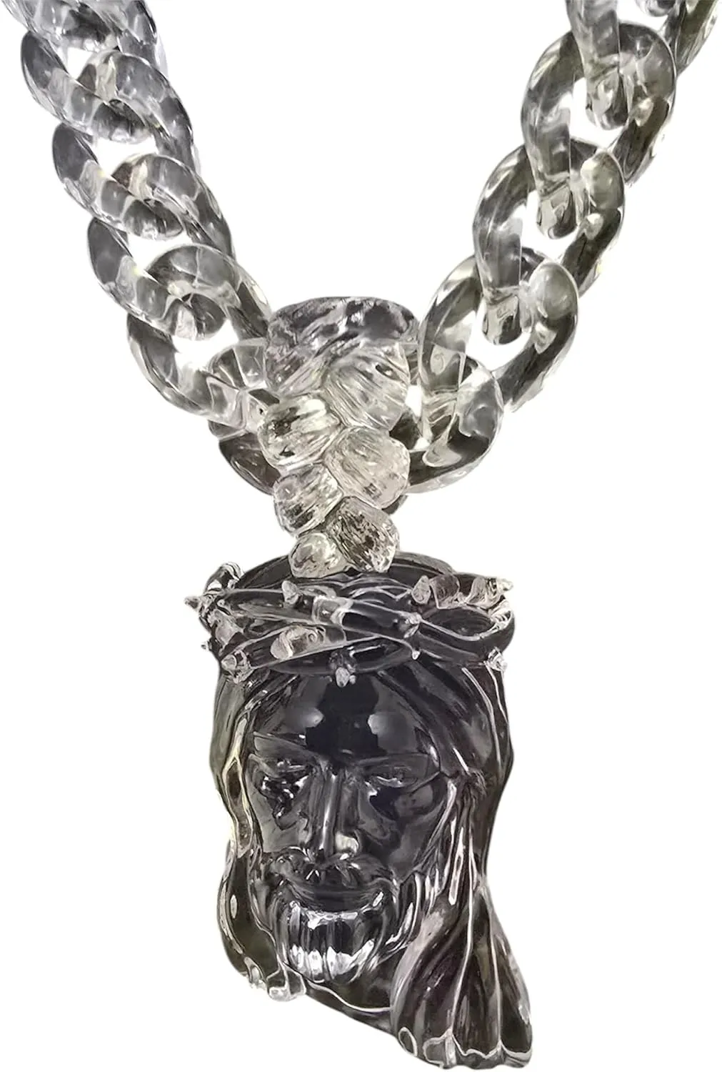 Clear Acrylic Jesus Pendant Necklace  Thick Cuban Link Chain  Statement Religious Jewelry for Men and Women  Unique Streetwear Style
