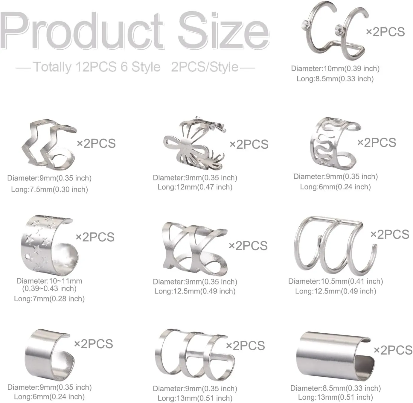 Craftdady 20Pcs Ear Cuff Earring Non Piercing Stainless Steel Wide Band Ear Clips Chunky Clip On Wrap Earrings Huggie Earrings for Men Women Unisex