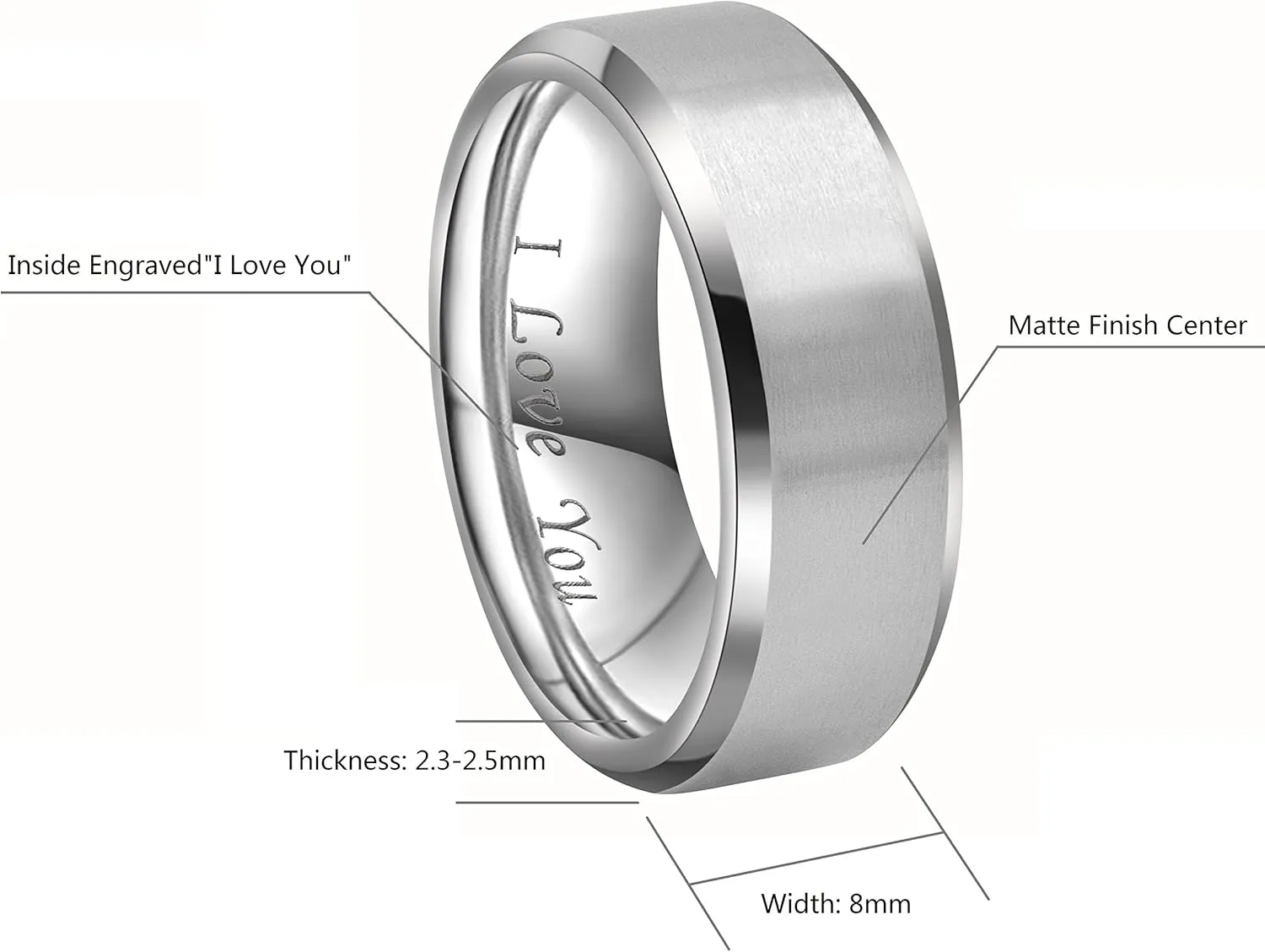 CROWNAL 4mm 6mm 8mm Black/Silver Titanium Wedding Couple Bands Rings Men Women Matte Finish Beveled Edges Engraved I Love You Comfort Fit Size 4 To 16